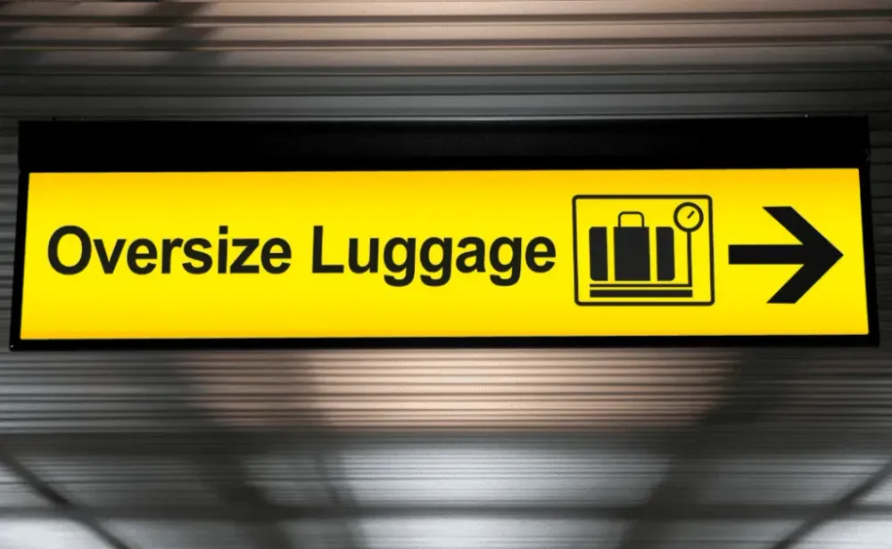 oversize luggage yellow sign with arrow direction hang from ceiling at the airport